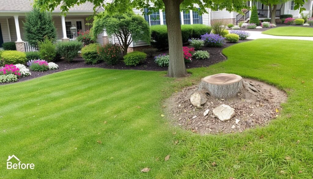 Beautifully landscaped yard where a stump was previously ground
