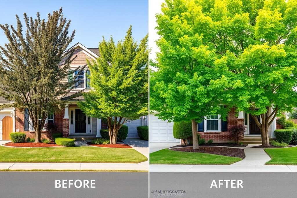 Before and after comparison of property with tree landscaping