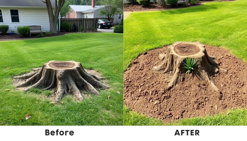 Before and after comparison of stump grinding showing landscape improvement