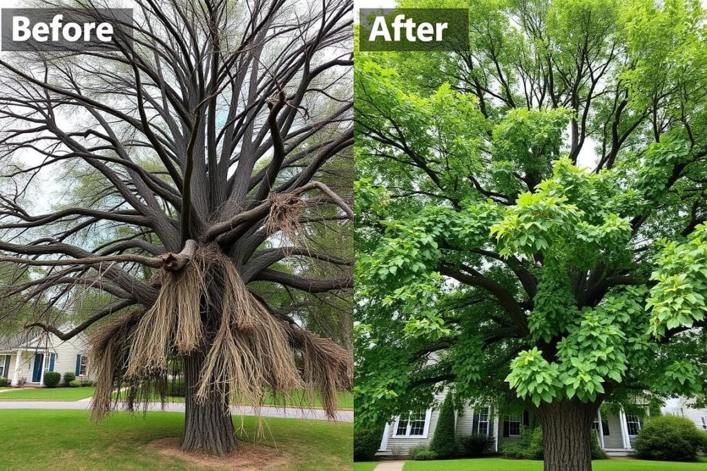 Before and after professional tree pruning