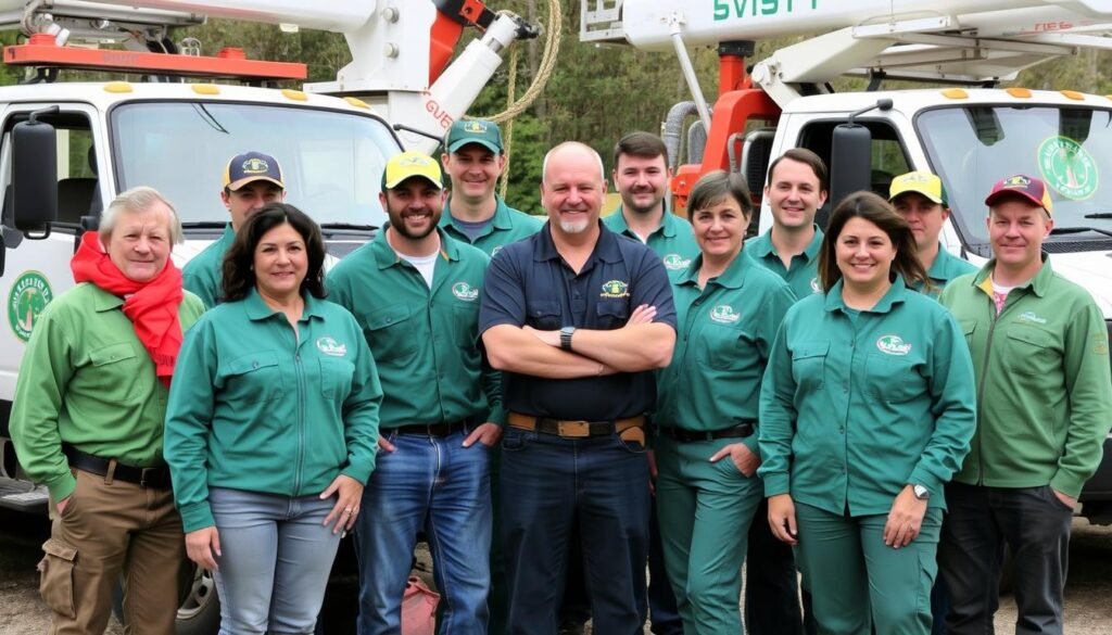 Certified arborists from professional tree service company working safely Certified arborists from professional tree service company working safely
