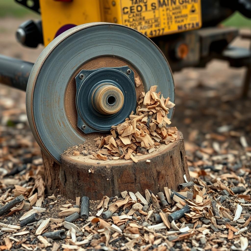 Close-up of stump grinding process showing wood chips