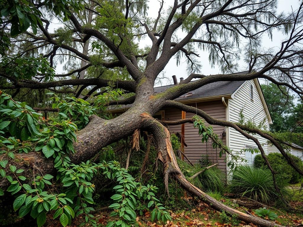 Damaged property from fallen tree during storm