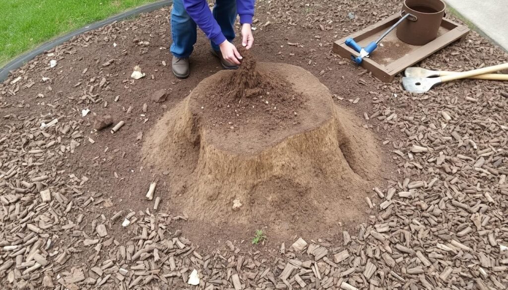Freshly ground stump area being prepared for new landscaping