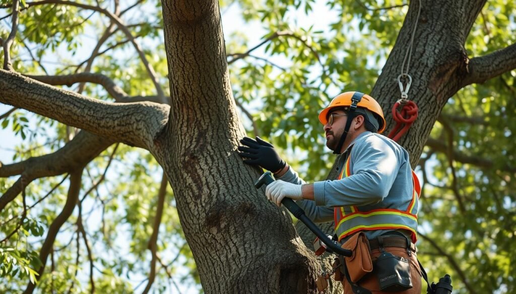 Professional arborist performing tree maintenance