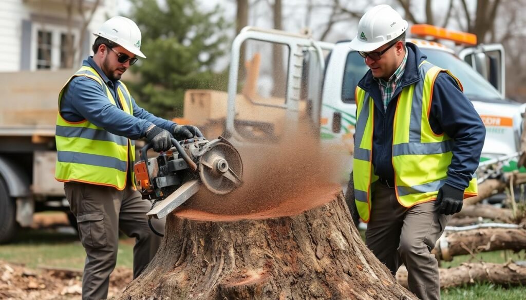 Professional arborist team performing stump grinding service