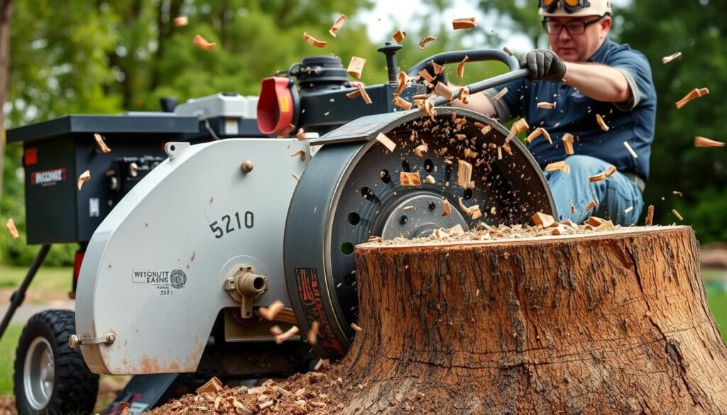 Professional stump grinder machine in action during stump grinding after tree removal