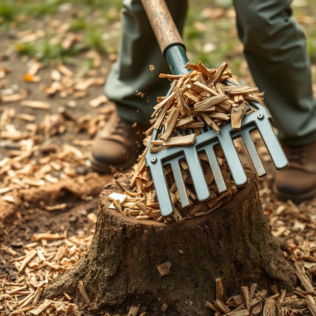 Raking wood chips after stump grinding