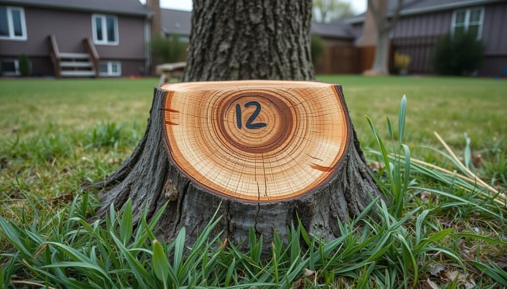 Stump grinding is essential after removal of the tree Unsightly tree stump in residential yard after tree removal